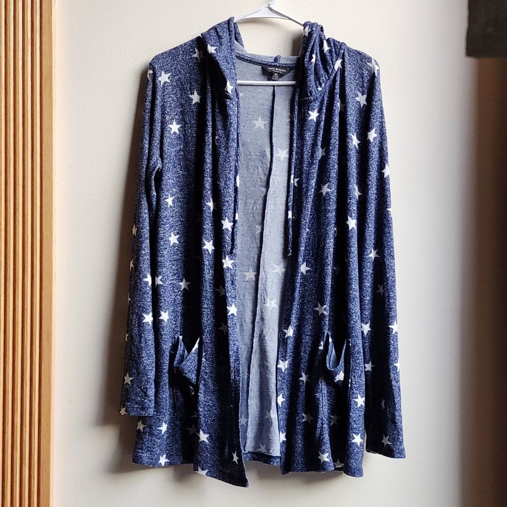 Lucky Brand Blue/White Stars Open Cardigan Sweater With Hood Size Small